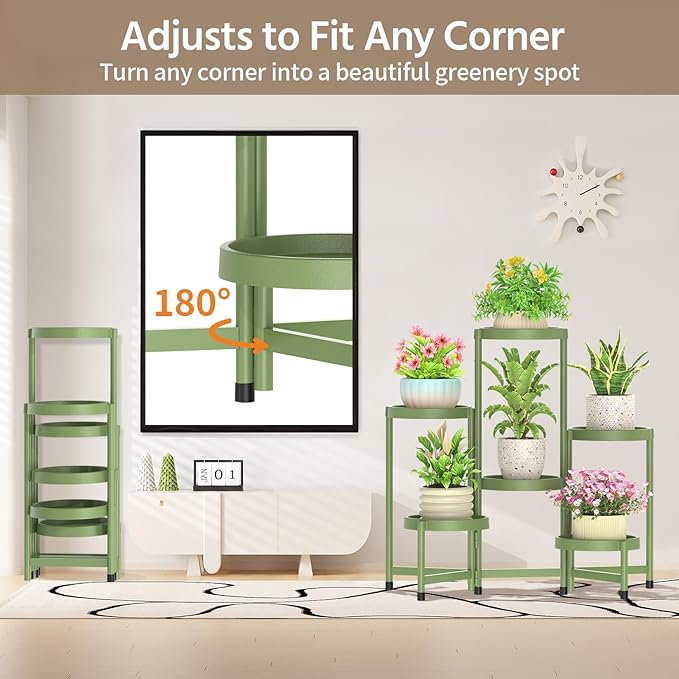 LASZOLA 6 Tiered Plant Stand Indoor Outdoor with Plastic Tray, Corner Folding Tall Flower Display Rack, Modern Plant Holder Shelf for Outdoor Patio Porch Garden Office Living Room, Green