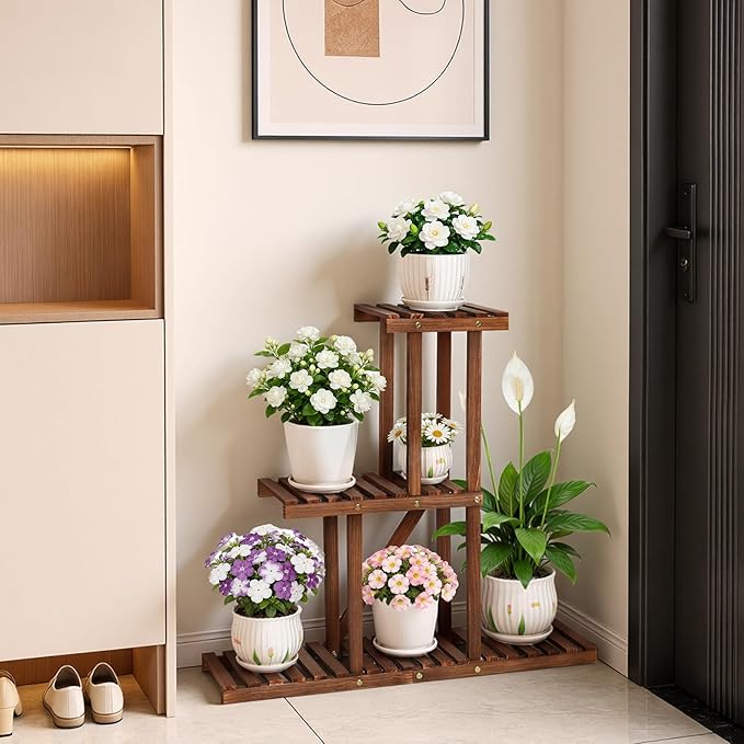 3 Tiered Narrow Wooden Indoor Plant Stand Shelf for Multiple Plants ,Flower Stand Shelf Outdoor ,Floor Standing Plant Holder Rack for Living Room Patio Porch Garden Apartment Office,Rustic,Space Saver
