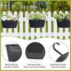 Dahey 10.5 Inch Metal Iron Hanging Flower Pots for Railing Fence Hanging Bucket Pots Countryside Style Outdoor Planter Window Flower Plant Holder with Detachable Hooks Home Decor, Black,4 Pcs