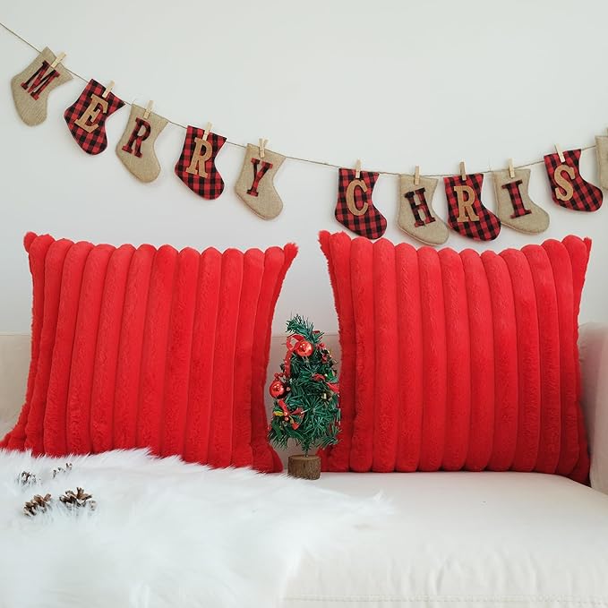 JOJUSIS Pack of 2 Faux Fur Plush Decorative Christmas Red Throw Pillow Covers Couch Cushion Case Soft Pillowcases (Red, 18 x 18-Inch)