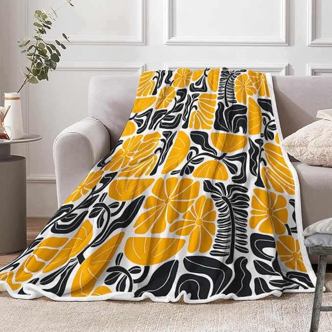 Boho Abstract Colorful Floral Throw Blanket, Vintage Retro Patchwork White Orange Black Flower Botanical Geometric Aesthetic Groovy Flannel Throw Blanket for Chair Bed Sofa Couch, 60X70IN