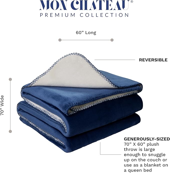 Mon Chateau 60" x 70" Fireside Mélange Throw Blanket, Contrast Stitching Soft Blanket for Queen-Size Bed, Couch, or Sofa, Cozy Home Decor and Stylish Living Room Comfort, Sapphire Veil