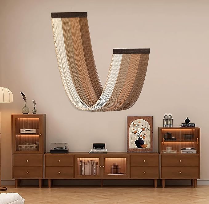 Achart Large Macrame Wall Hanging Dip Dyed Yarn Tapestry Ombre Yarn Gradient Color Macrame Wall Decor Macrame Tapestry Boho Decor for Bedroom Living Room Headboard Above Bed (Brown + Bead)
