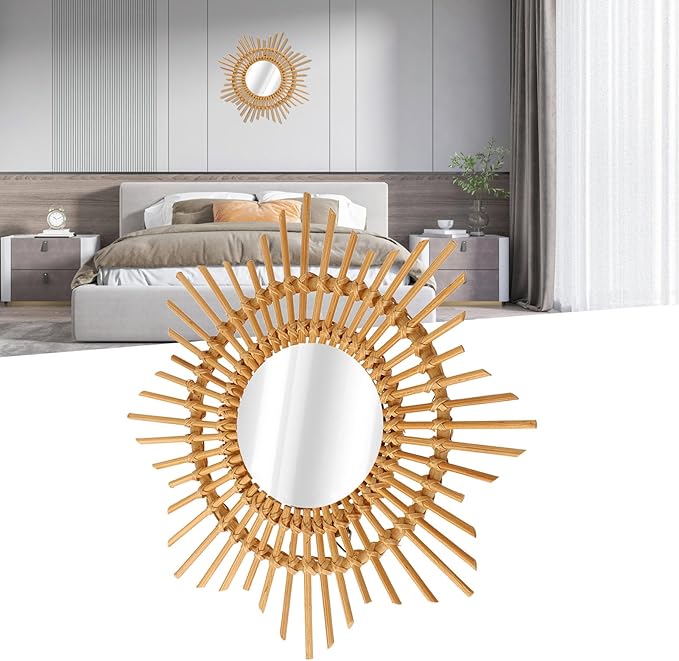 Tissting Natural Rattan Hanging Mirror,13.8 x 4.7in Boho Wall Mounted Mirror Star Shape Bohemian Hanging Glass Makeup Mirror Rustic Art Decoration Handwoven Mirror for Bedroom Living Room Hallway