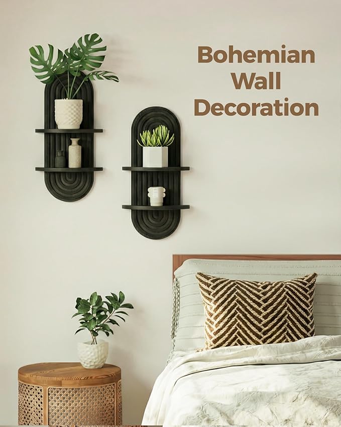 Bamworld Boho Wall Decor 2pcs Plant Wall Shelf, Mid Century Modern Decor Hanging Plant Shelf, 2-Tier Wooden Floating Shelves for Home, Bathroom Bedroom Living Room, Office Planter Decoration Walnut
