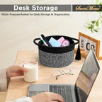 Small Round Gift Baskets with Handles Set 2, SweetMemo Little Empty Gifts Basketsl, Cute Woven Cotton Rope Storage Bins for Men, Desk, Plant, Bathroom, Decorative, Pre-Shaped, Two Pack - Black Gray
