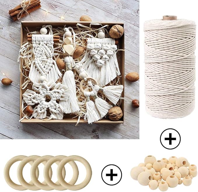 119pcs Macrame Kits for Starter 3mm x 109Yards Natural Cotton Macrame Cord with 100pcs Wooden Beads,10pcs Wooden Rings,Wooden Sticks,Metal Rings,S Hooks Macrame Supplies for Plant Hangers