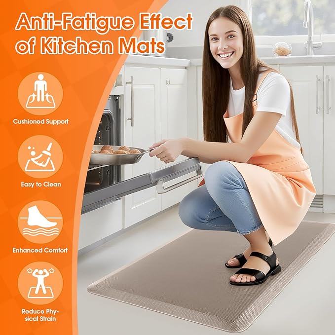 Kitchen Mat, Cushioned Thick Floor Comfort Mat, with Non-Slip Bottom, Waterproof & Stain Resistant & Easy Clean, Standing Desk Mat for Kitchen, Sink, Office (17.3''x28'', Khaki)