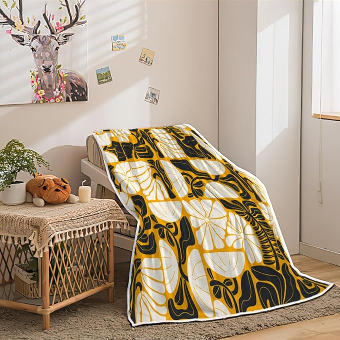 Boho Abstract Colorful Floral Throw Blanket, Vintage Retro Patchwork White Black Orange Flower Botanical Geometric Aesthetic Groovy Flannel Throw Blanket for Chair Bed Sofa Couch, 50X60IN