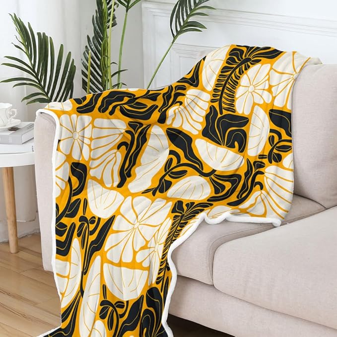 Boho Abstract Colorful Floral Throw Blanket, Vintage Retro Patchwork White Black Orange Flower Botanical Geometric Aesthetic Groovy Flannel Throw Blanket for Chair Bed Sofa Couch, 50X60IN