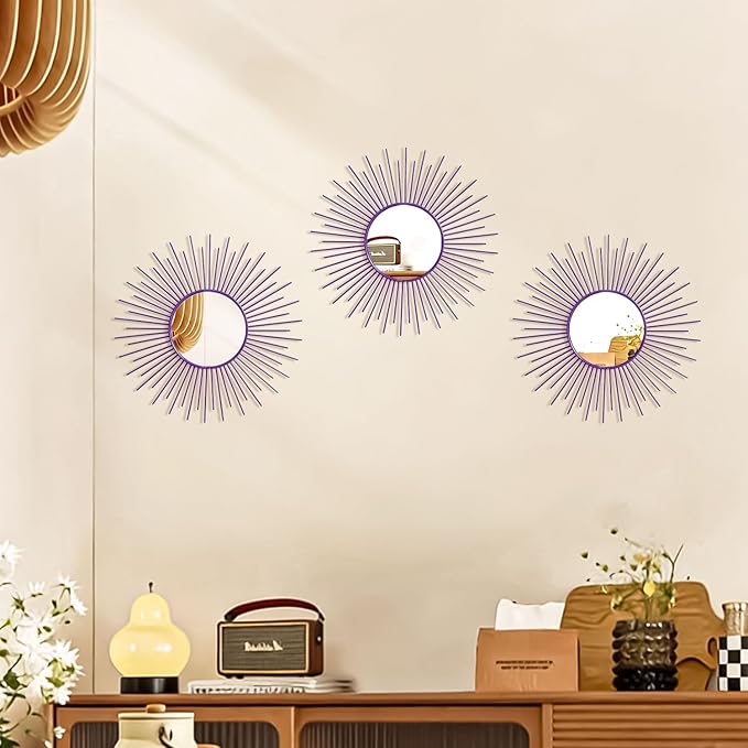3 Pack Metal Mirrors for Wall Sunburst Wall Mirrors Home Décor Decorative Hanging Wall Art for Living Room Bedroom Entryway (Purple, Sunburst)