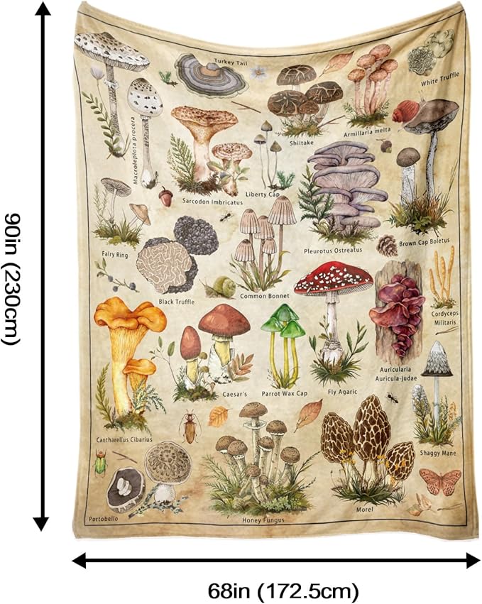 Mushroom Throw Blanket, Retro Soft Cozy and Warm Couch Blankets Gift for Mushroom Lover, Decorative Blankets for Sofa Couch Bed, Beige White 50×60 inches