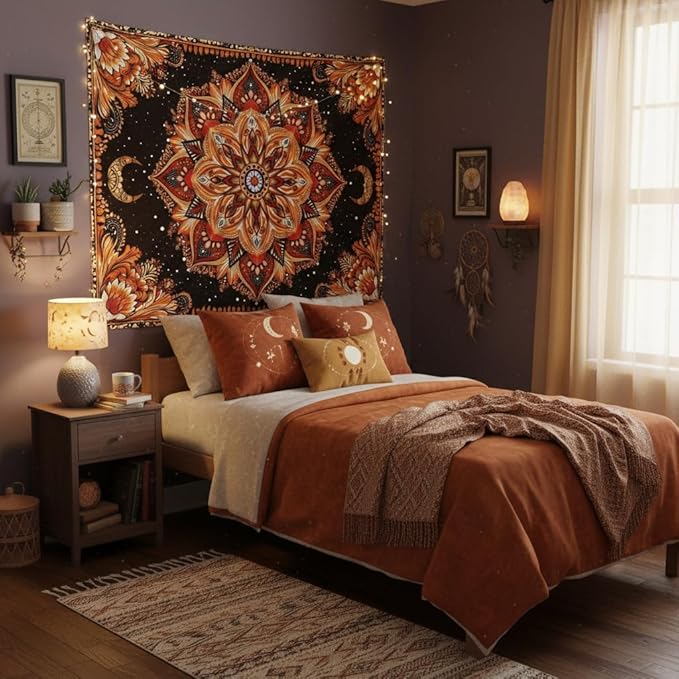 Accnicc Mandala Floral Tapestry Wall Hanging Boho Orange Red Tapestry Aesthetic Hippie Vintage Bohemian Flower Celestial Indian Cute Small Tapestries for Bedroom Living Room Dorm Decor 48 x 36 Inch
