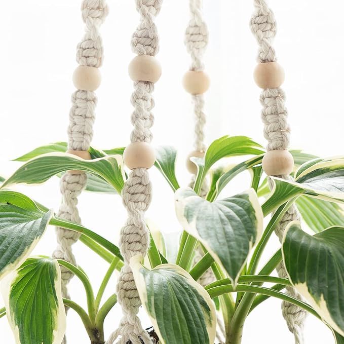 Dahey Macrame Plant Hanger Indoor Hanging Planter Basket with Wood Beads Handmade Woven Cotton Rope Flower Pot Holder Stand for Boho Outdoor Home Decor No Tassels, 35 Inch, Set of 2