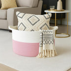 ShellKingdom Laundry Basket, Large Natural Rope Woven Storage Basket with Handles for Home, Living Room, Laundry, Storage Organizer for Blankets, Clothes, Toys, 13.78 x 21.65 INCH (2-Toned White Pink)