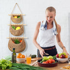 Windyun 4 Pcs Hanging Fruit Basket Teardrop Baskets Handmade Woven Cotton Rope 3 Tier over the Door Organizer Hanging Boho Wall Decor for Storage Kitchen(Brown)