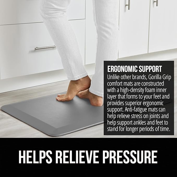 GORILLA GRIP Comfortable Cushioned Kitchen Mats for Floor, 58x20, Waterproof and Stain Resistant Soft Top, 3/4 Inch Thick Ergonomic Standing Desk Anti Fatigue Mat, Foam Supports Ankles and Feet, Grey