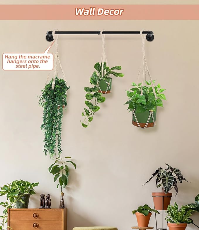 2Pcs Plant Hanging Rod, with 6Pcs Macrame Plant Hangers and 6 Hooks, 32" Plant Hanger Indoor, Hanging Planter for Indoor Plants, Window Wall Ceiling Plant Hanger (POTS & PLANTS NOT INCLUDED)