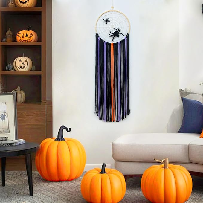 EOBTAIN Halloween Macrame Wall Hanging,Spider Web Dream Catchers,Black Purple and Orange Tassels Pure Cotton Cord Textile Wall Art,Halloween Decorative Woven Tapestry for Home Decor,9.8x32.8 Inch