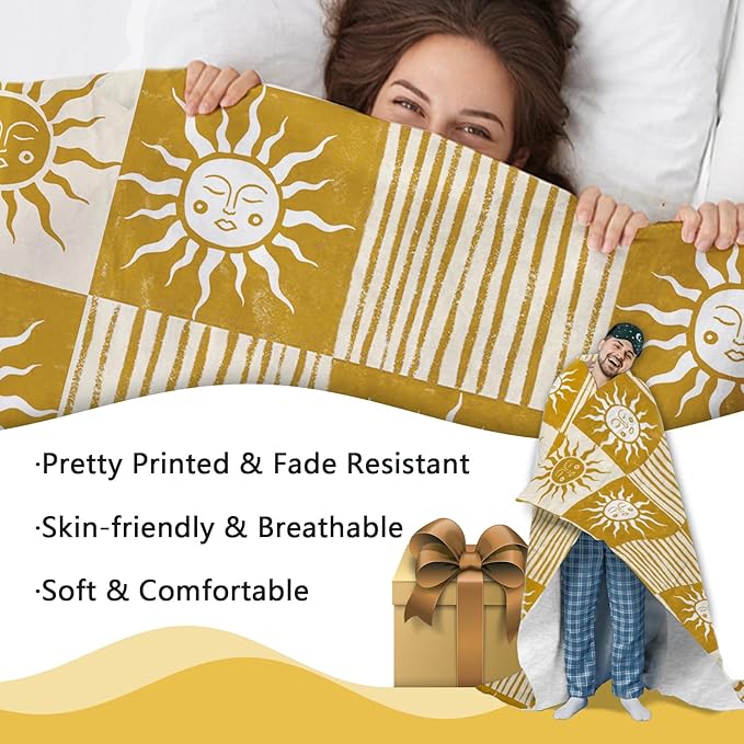 Boho Sun Face Flannel Throw Blanket, Bohemia Sunshine Yellow Birthday Gifts for Kids Men Women, Sunny Plaid Check Stripes Soft Blankets for Bedding Sofa 50" x 60"