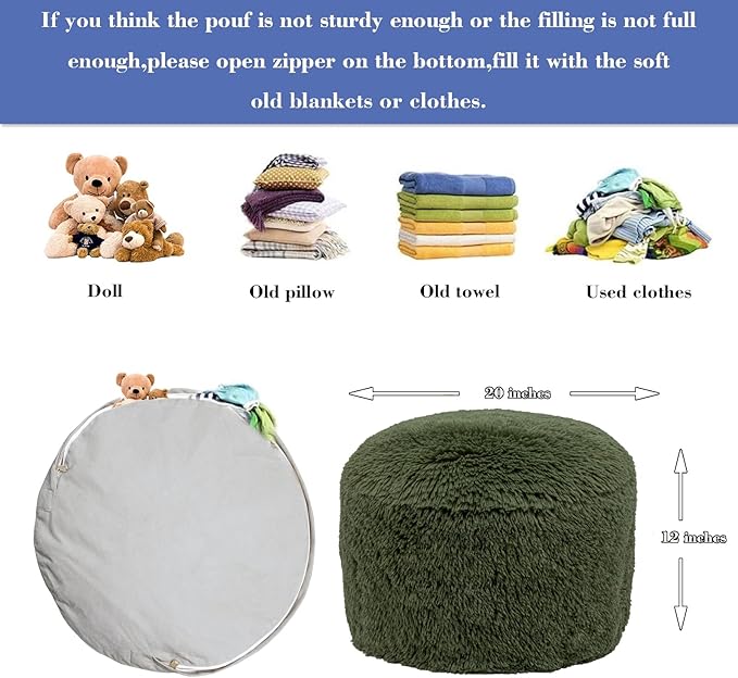 Stuffed Pouf Ottoman with High Density Foam Filler Plush Fiber Stool Foot Stool Storage Ottoman 20 * 12''Floor Pouf Foot Rest for Living Room (Green Pouf with Filler)