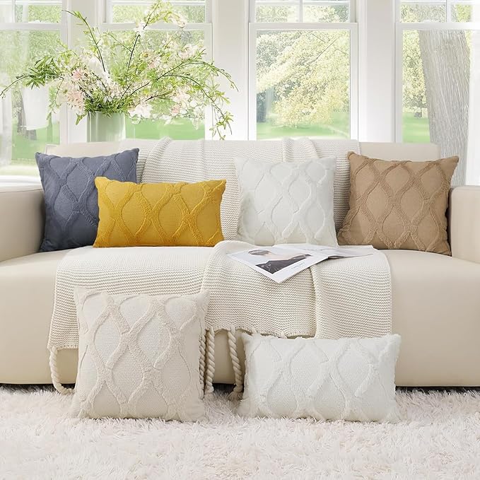 decorUhome Spring Throw Pillow Covers 18x18 Inch Set of 2, Soft Plush Faux Fur Wool Cream White Accent Couch Pillow Covers for Modern Farmhouse Bed Sofa Living Room