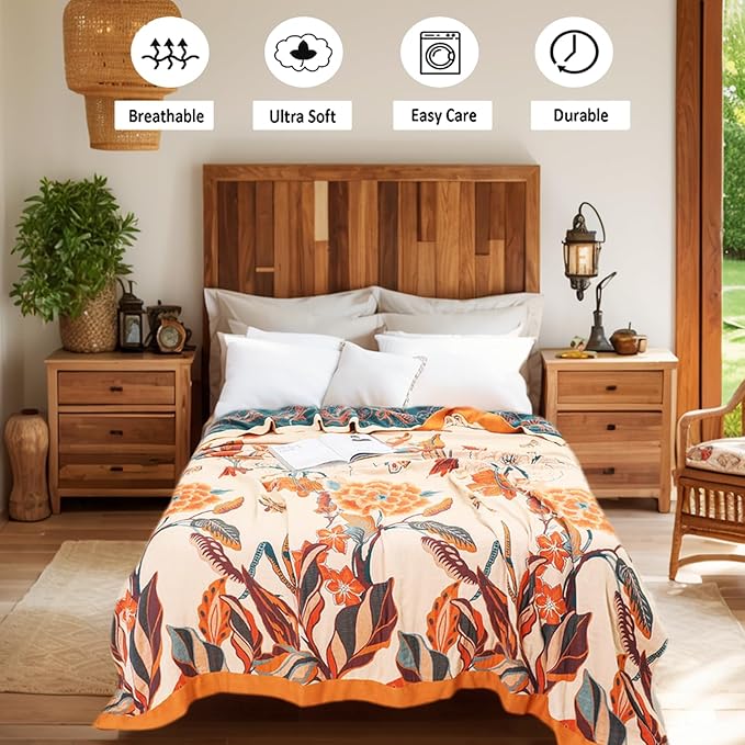 Boho Throw Blanket, 100% Cotton Breathable Soft Bed Throw - Floral Bird Farmhouse Decor Blanket for Sofa Couch Chair Quilt and Gift. 80" x 90"- Beige