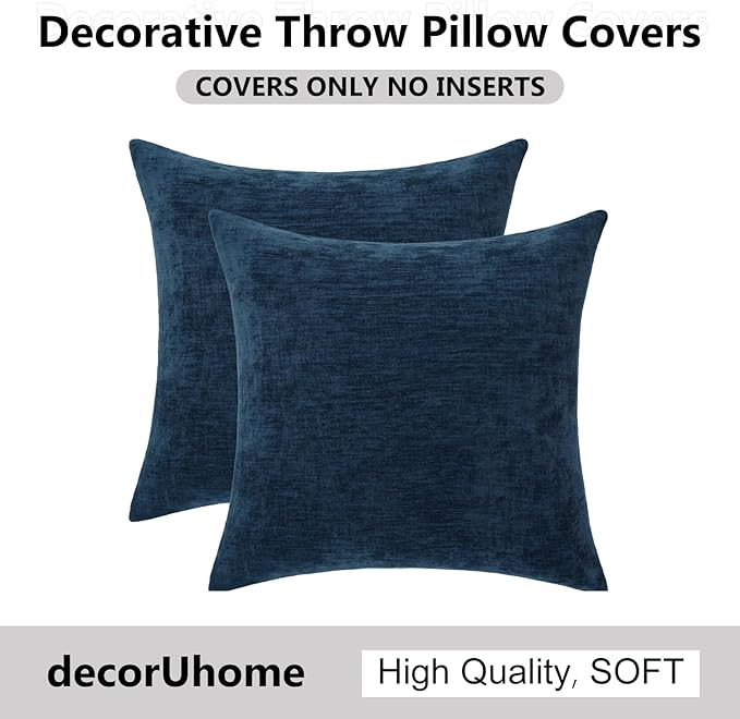 decorUhome Chenille Navy Blue Spring Euro Sham Throw Pillow Covers 22x22 Inch Set of 2, Decorative Soft Couch Pillow Covers Solid Dyed Accent Farmhouse Neutral Square Pillow Cases for Sofa