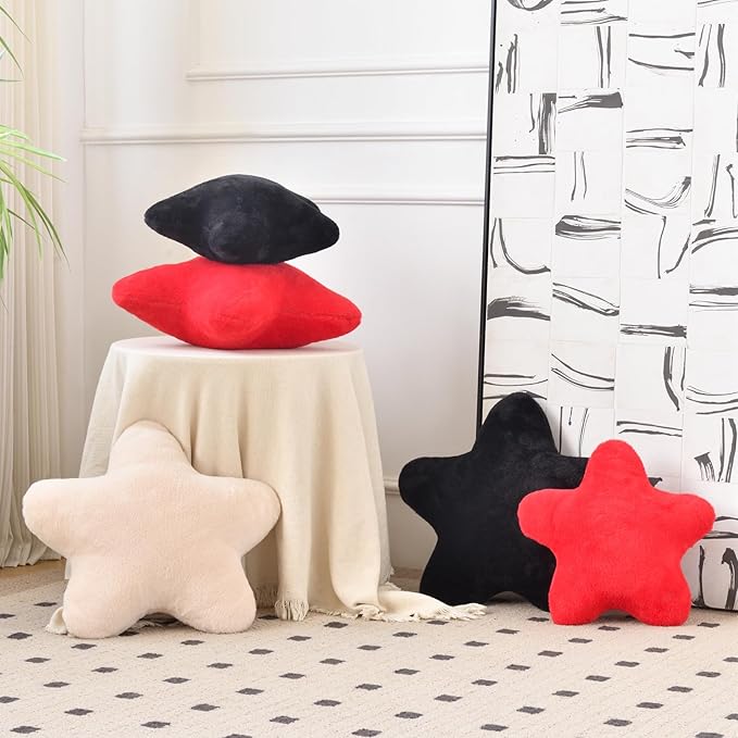 Xiashrk Star Pillow, Decorative Throw Pillows for Bed Couch, 15" Star Shaped Pillow Plush Floor Cushions Room Decor Pillow with Faux Rabbit Fur for Sofa Bedroom Living Room (Black, 19.6" x 19.6")