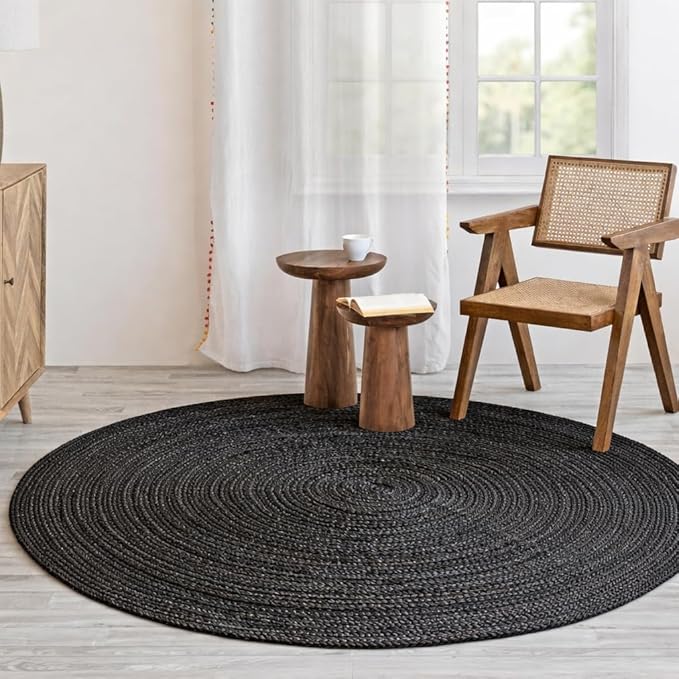 HOMEMONDE Handwoven Round Jute Rug - 4 feet Natural Yarn Loom Braided Rugs - Eco-Friendly Boho Farmhouse Reversible Design for Bedroom, Living Room, Dining Room and Kitchen