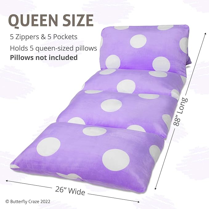 Butterfly Craze Floor Pillow Case, Mattress Bed Lounger Cover, Polka Purple, Queen Size - Cozy Seating Solution for Kids & Adults, Recliner Cushion, for Reading, TV Time (Pillow Not Included)