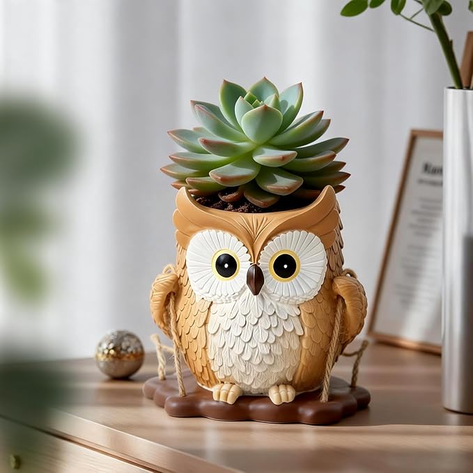 QCQHDU Swing Owl Hanging Pots with Drainage Hole, Small Resin Succulent Plant Planters, Cute Indoor/Outdoor Decor for Balcony Garden Patio, Women Gift Idea, Khaki