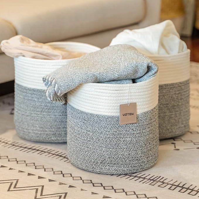 voten Storage Cubes Baskets Bins Organizer 11x11x11'' Fit 12x12''Cube Storage Organizer Bookcases Shelves,Durable Woven Cotton Storage Basket for Organizing,Round 3Pack Off White/Light Gray