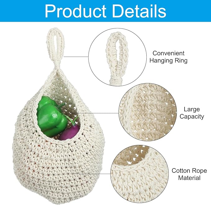 PATIKIL Hanging Fruit Baskets for Kitchen, Large Size Teardrop Home Decor Storage Hand-Woven Wall Hanging Basket for Garlic Potato Vegetable, Beige