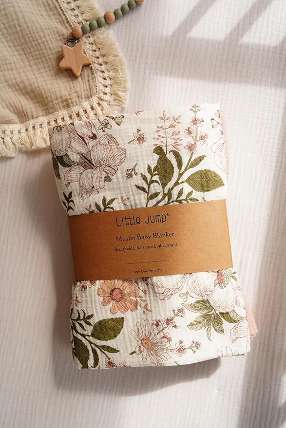 Little Jump 2-Pack Cotton Muslin Swaddle Blankets for Baby Boys Girls Unisex - Boho Floral Baby Blanket Nursery Swaddling Blankets- Large 47 x 47 inches Receiving Blanket Neutral (Vintage Blossom)