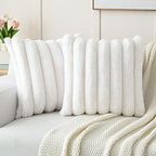 FUTEI Cream White Decorative Throw Pillow Covers 20x20 Inch Set of 2, Square Soft Faux Rabbit Fur Thick Striped Cushion Cover,Spring Home Decor for Couch Bed Living Room