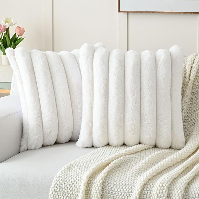 FUTEI Cream White Decorative Throw Pillow Covers 22x22 Inch Set of 2, Square Soft Faux Rabbit Fur Thick Striped Cushion Cover,Spring Home Decor for Couch Bed Living Room