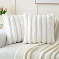 FUTEI Cream White Decorative Throw Pillow Covers 22x22 Inch Set of 2, Square Soft Faux Rabbit Fur Thick Striped Cushion Cover,Spring Home Decor for Couch Bed Living Room