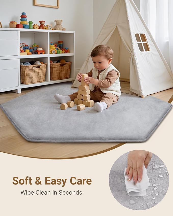 Thick Hexagon Playpen Mat,65x56 Inch Baby Play Mat for Floor,Soft Support & Plush Feel Foam Mats Play Tent Mats for Infant,Kids,and Toddler Crawling,Non-Slip Back for Indoor Playhouses(Light Grey)