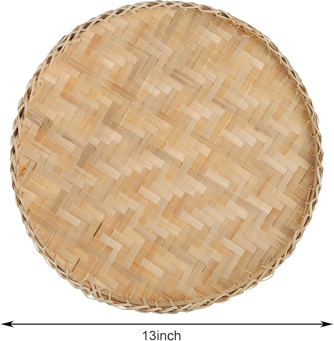 Suwimut 3 Pieces Handmade Bamboo Woven Basket Tray, 13 Inch Round Flat Wicker Baskets, Shallow Food Storage Serving Trays Decorative Wall Hanging Baskets for Breakfast, Fruit, Snacks (Beige)