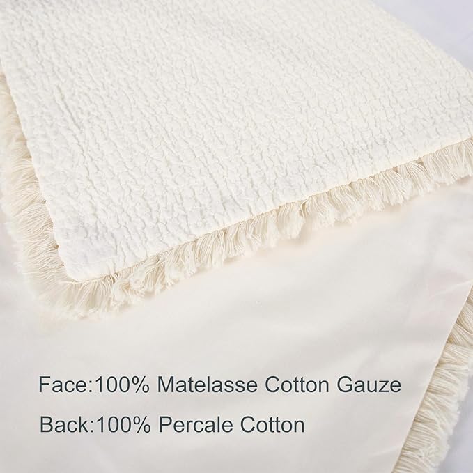 YINFUNG Quilted Euro Sham Ivory Set of 2 Muslin Cotton 26×26 European Pillow Cover Tassel Fringe Boho Decorative Textured Gauze Moroccan Soft Suqare for Bed Couch Sofa Cream