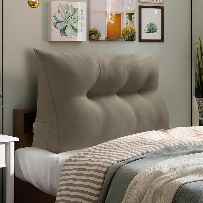 WOWMAX 80% Cotton & 20% Linen Blend Headboard Pillow – Twin Size Reading Wedge Backrest for Bed, Handmade Firm Support Bolster Cushion with Removable Cover, Premium Bed Rest Pillow, Light Gray