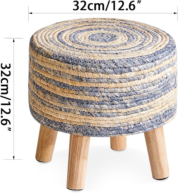 YMYNY Foot Stool Natural Seagrass Hand Weave, 12.6" Small Ottoman, Round Footrest for Living Room, Bedroom, Entryway, Change Shoes Stool, Non-Skid Wood Legs, Boho, Blue+White UHBD027QW