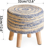 YMYNY Foot Stool Natural Seagrass Hand Weave, 12.6" Small Ottoman, Round Footrest for Living Room, Bedroom, Entryway, Change Shoes Stool, Non-Skid Wood Legs, Boho, Blue+White UHBD027QW