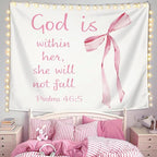 LIANGW Coquette Pink Bow Christian Tapestry Aesthetic, Wall Tapestry for Bedroom, Pink Wall Art for Teen Girls & Women, Bible Verses Tapestries Wall Hanging, Preppy Girly Room Decor 50x60 inche