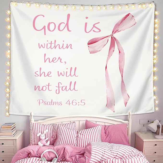 LIANGW Coquette Pink Bow Christian Tapestry Aesthetic, Wall Tapestry for Bedroom, Pink Wall Art for Teen Girls & Women, Bible Verses Tapestries Wall Hanging, Preppy Girly Room Decor 50x60 inche