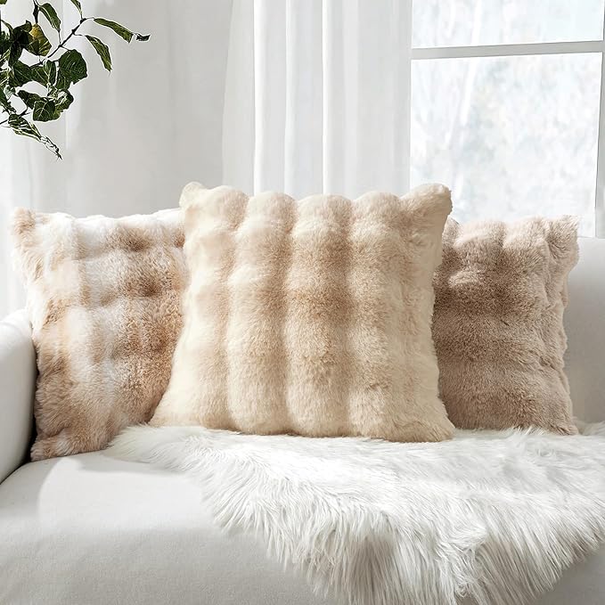 MIULEE Faux Fur Pillow Covers Thick Soft Plush Throw Pillows Luxury Spring Home Decor for Couch Bed Bedroom Living Room Sofa,20x20 Inch Pack of 2 Beige
