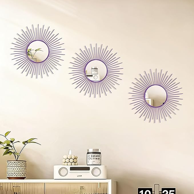3 Pack Metal Mirrors for Wall Sunburst Wall Mirrors Home Décor Decorative Hanging Wall Art for Living Room Bedroom Entryway (Purple, Sunburst)