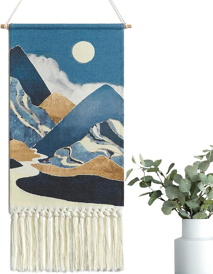 Alynsehom Macrame Woven Wall Hanging Tapestry Boho Wall Art Moon Mountain Chic Home Decor Bohemian Aztec Apartment Dorm Room Backdrop Decoration (Blue)