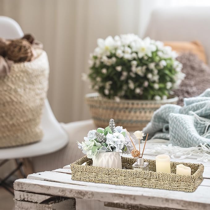 Bathroom Vanity Tray, Seagrass Long Narrow Counter Tray with Handles, Decorative Woven Organizer Trays for Toilet Tank, Shelves, Farmhouse Hand Towel Basket Holder for Storage, Natural (Large)